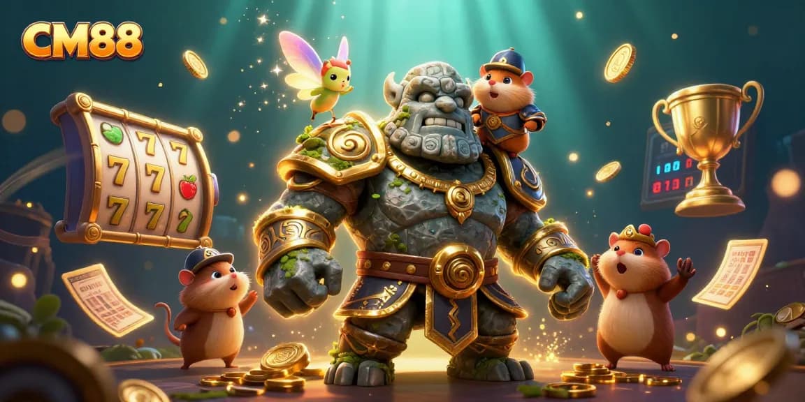 Experience gaming adventure with CM88, featuring a golem, fairy, and hamster knight in a vibrant casino scene.