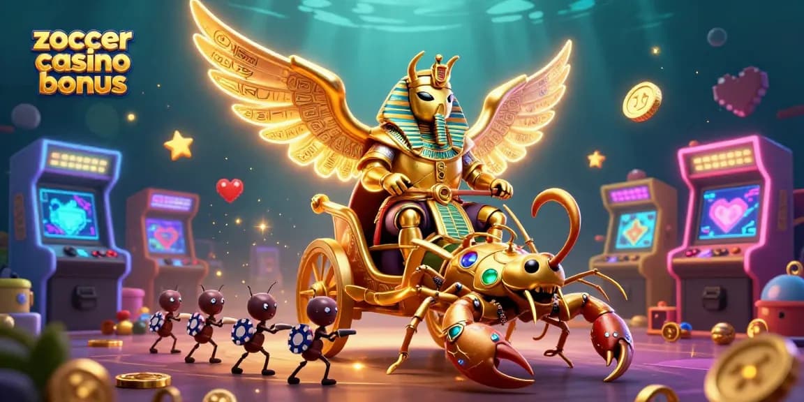 Experience the excitement of zoccer casino bonus with a vibrant 3D casino illustration showcasing gaming elements.