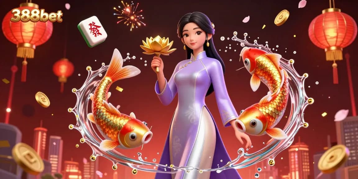 Experience exciting gaming at 388bet with vibrant visuals of luck symbols and Asian themes.
