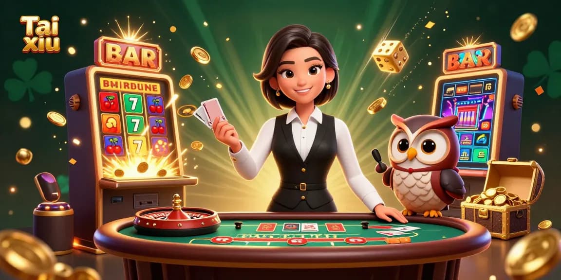 Playing Tai xiu with an elegant dealer and a charming owl assistant in a vibrant casino scene.