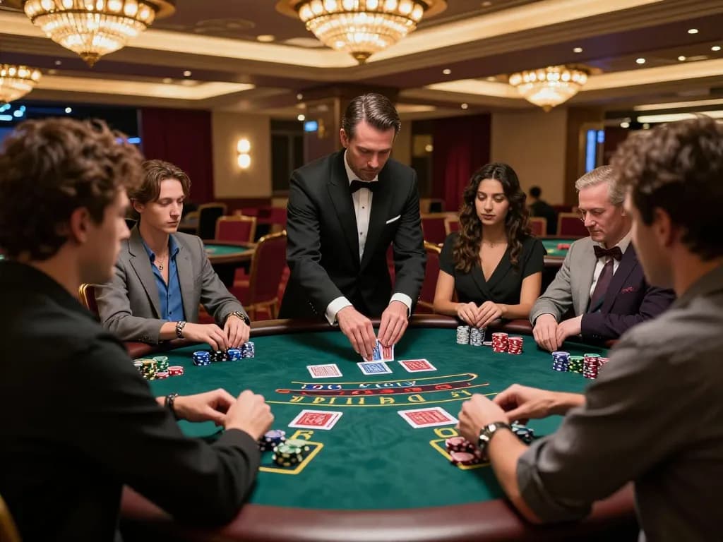 Players engage at a blackjack table in a luxury casino setting with nhà cái LLwin clearly visible, showcasing strategic gameplay.