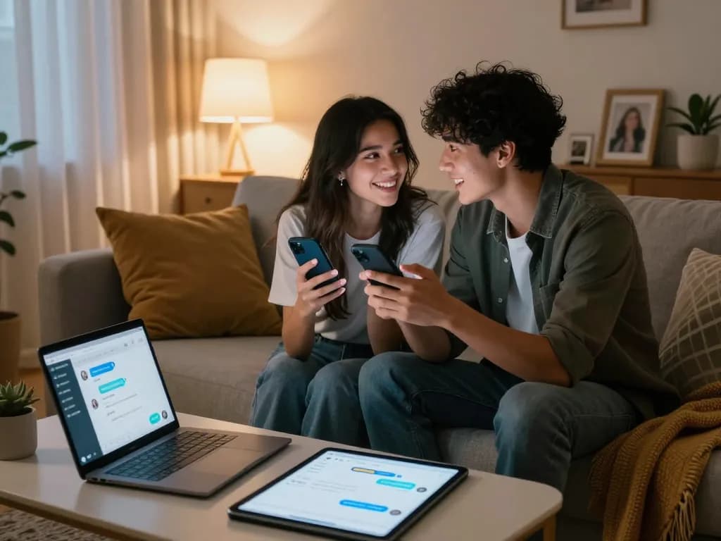 Young couple sexting with AI on smartphones, cozy living room atmosphere.