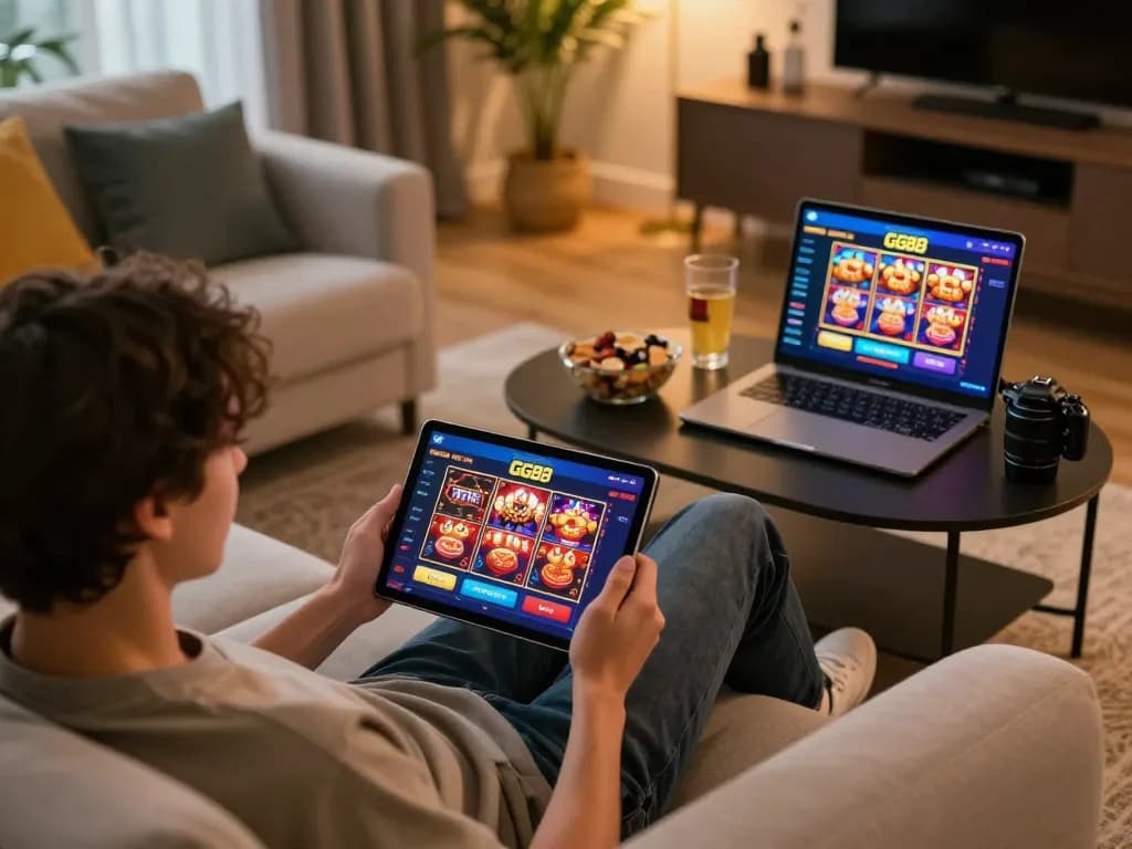 Engaging with the GG88 casino app on a tablet in a cozy home environment.