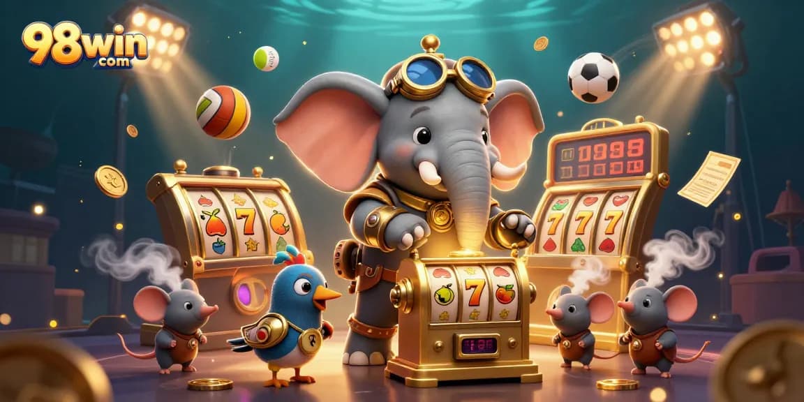 Experience thrilling gameplay with 98win com's lively golden slot machine scene featuring steampunk characters.