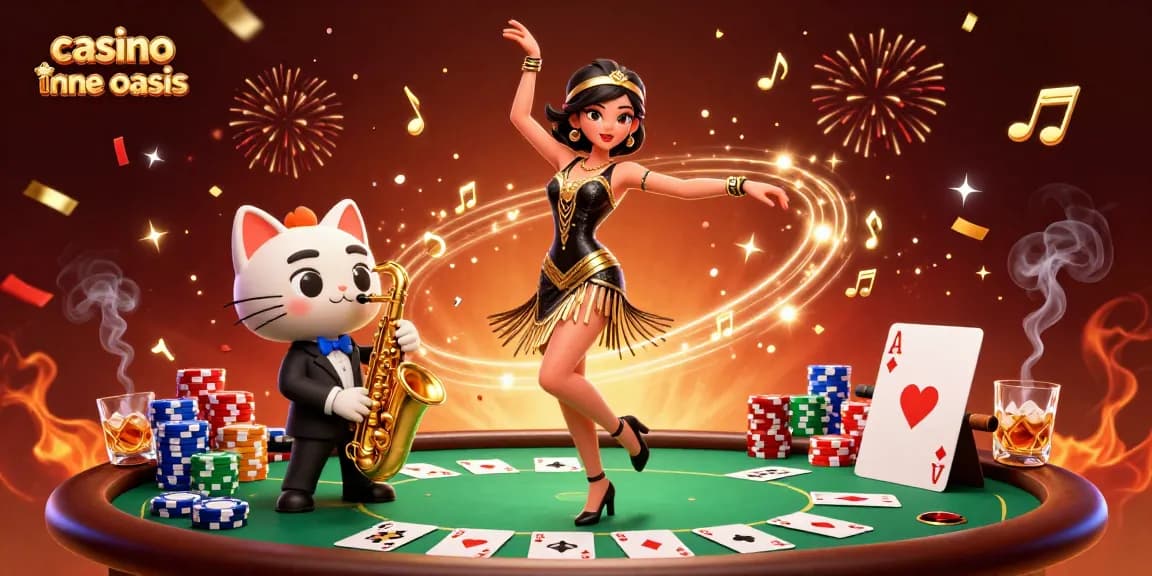 Experience excitement playing casino ohne oasis with vibrant characters, poker tables, and festive elements.