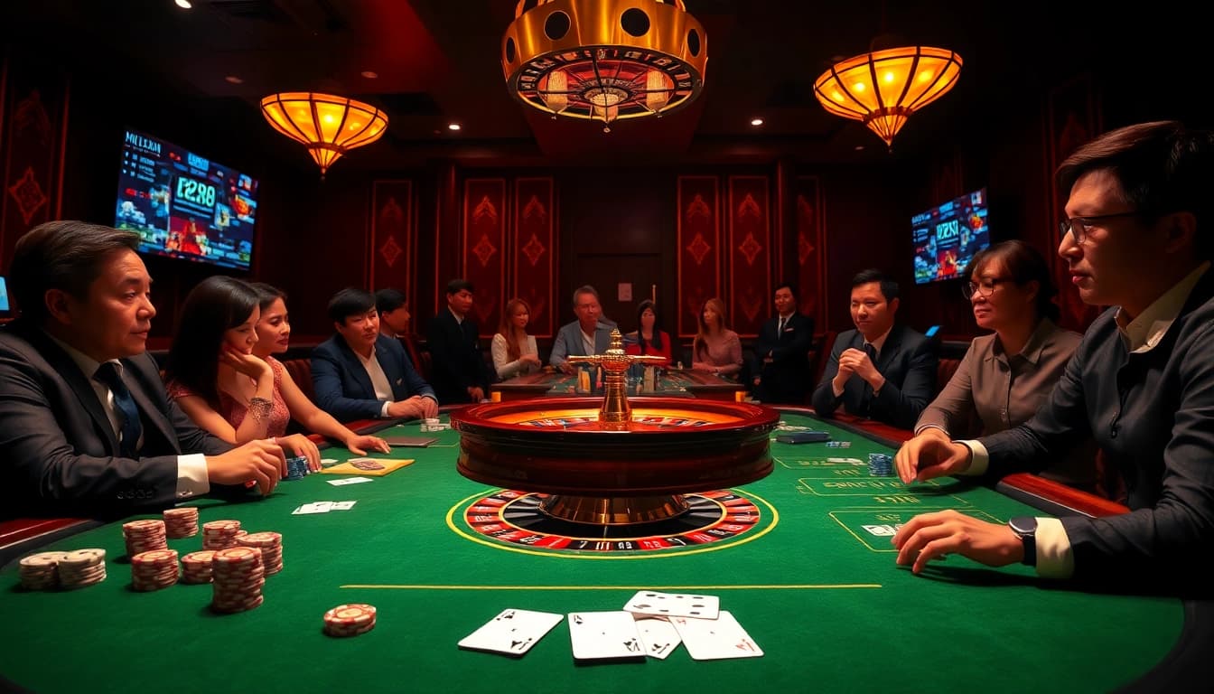 Experience the thrill of gambling with https://hz88.life/ at a vibrant casino table filled with excited players.