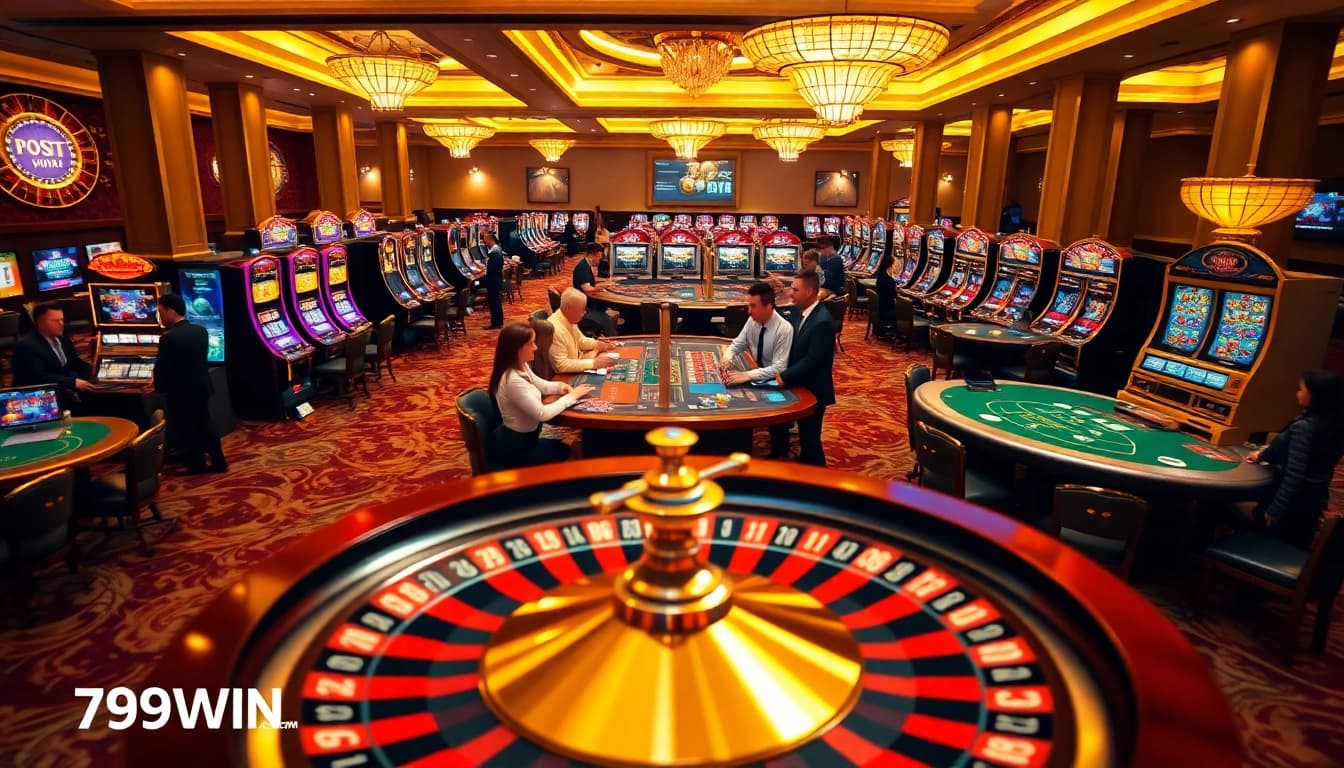 A dynamic gambling scene featuring 789win.com, with players engaged around exciting casino tables and vibrant slots.