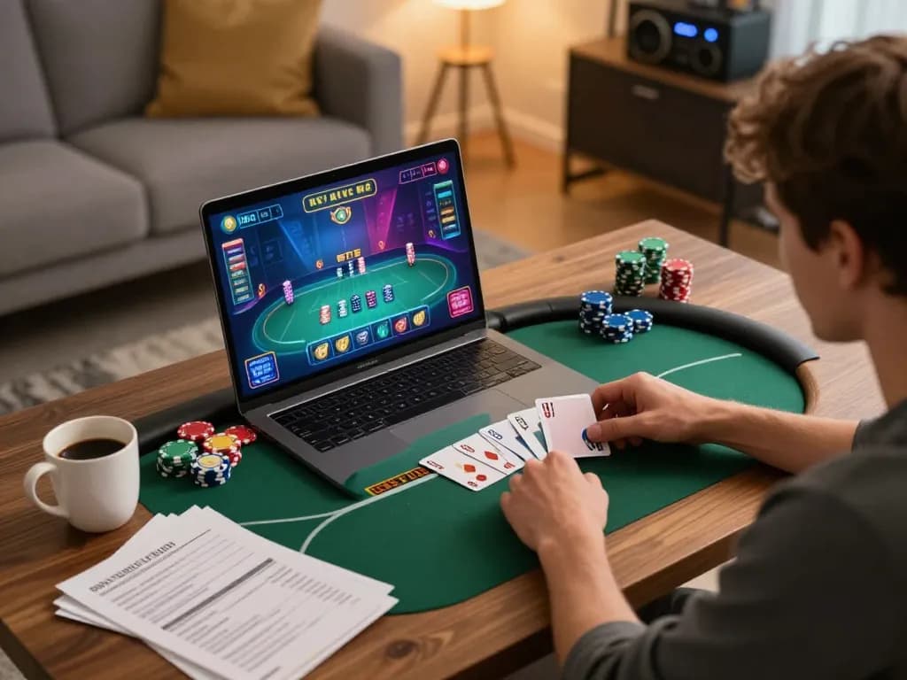 Player engaged in online poker at RR88, showcasing strategy notes and game interface in a cozy environment.