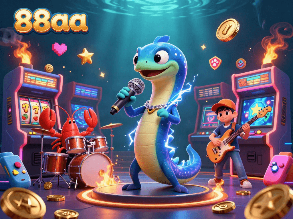 88aa electric eel DJ performing at an underwater casino with vibrant slot elements.