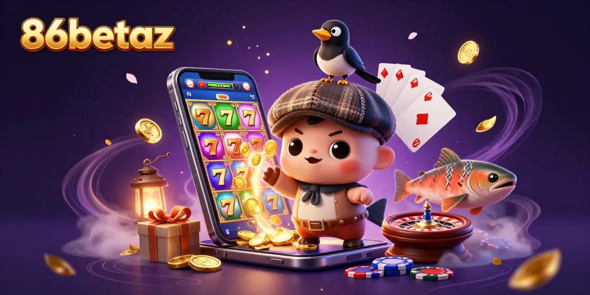 Engage with thrilling slot games at 86betaz surrounded by cartoon characters and vibrant casino elements.