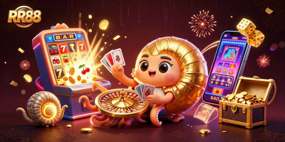 Experience thrilling gameplay at RR88 with an enchanting nautilus, cards, and vibrant casino elements!