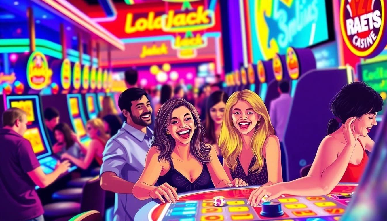 Erlebe spannende Spiele und Freude in LolaJack Germany Casino, mit fröhlichen Spielern und bunten Lichtern.