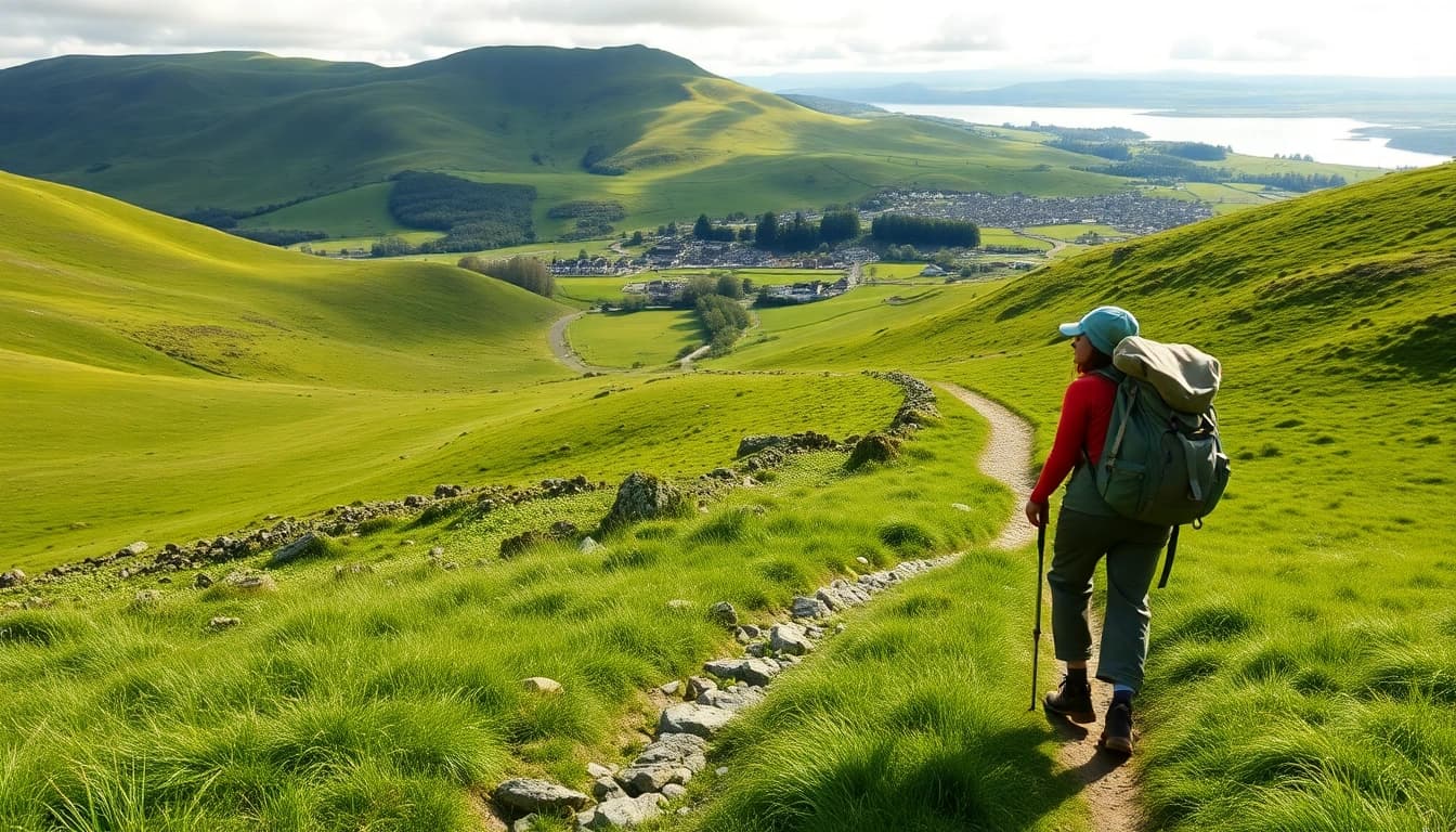 Wandern in Irland auf einem malerischen Weg durch grüne Landschaften mit einem Wanderer.