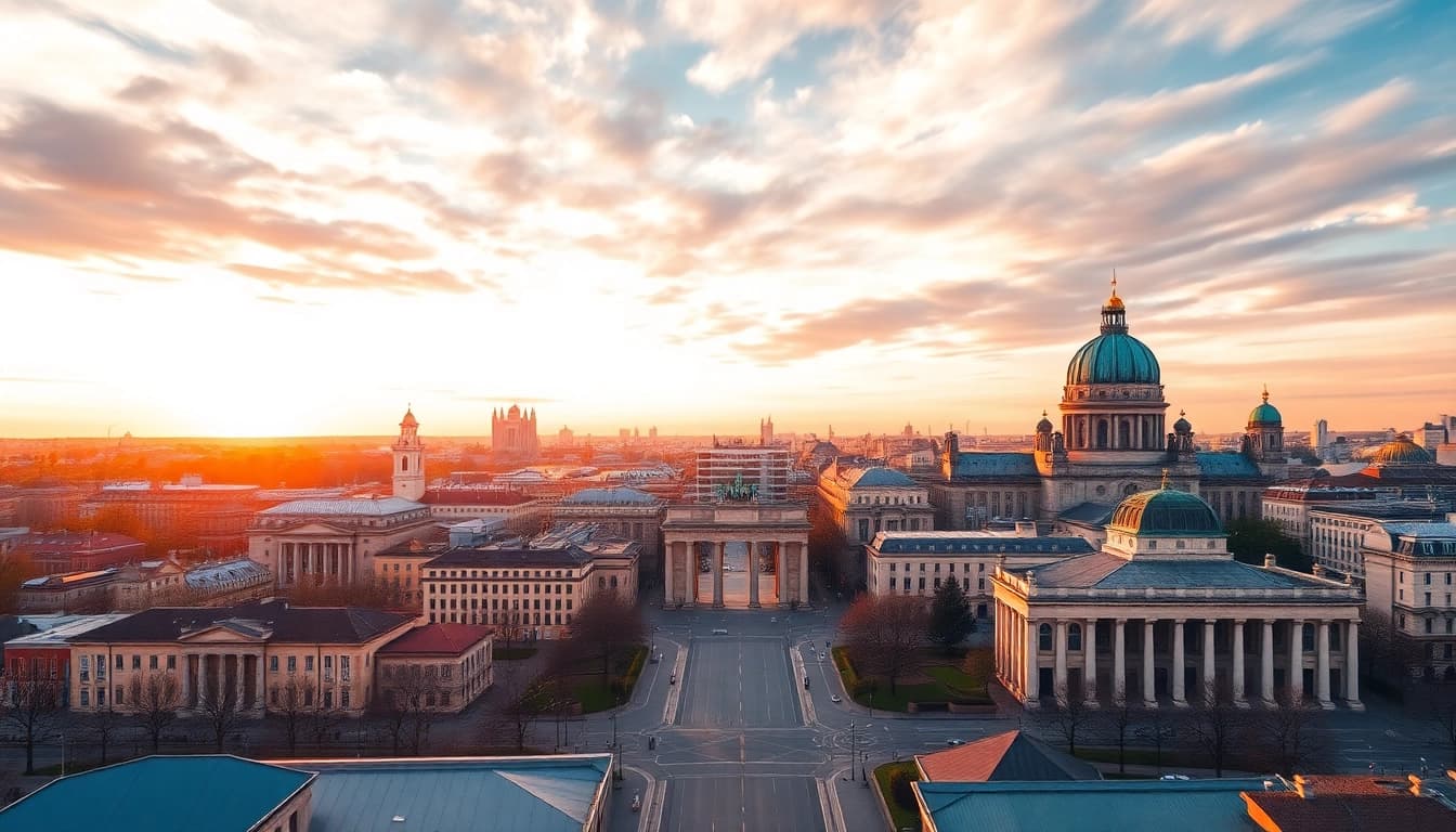 Drohnenfotos Berlin zeigen eine atemberaubende Luftaufnahme der Berliner Skyline.