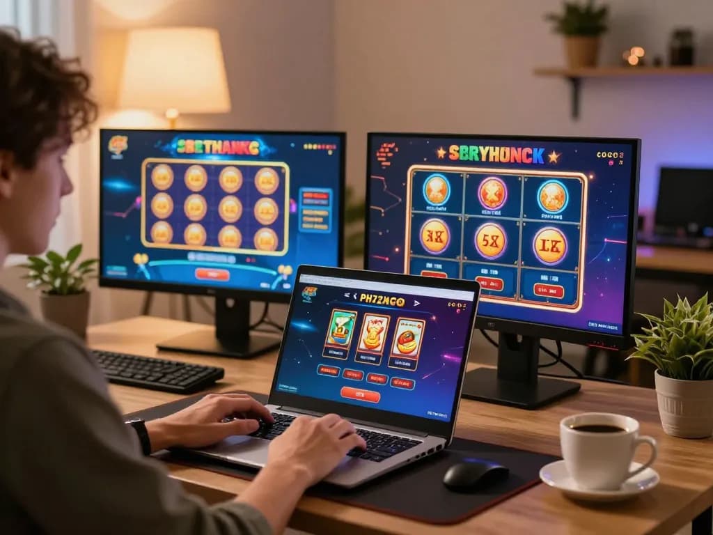Engaging online gaming experience on PH22 showing gameplay on multiple screens in a cozy home setting.