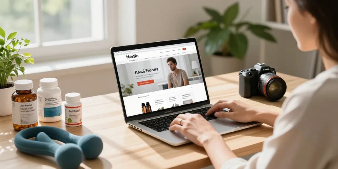 Durchsuchen der Medi Pharma Shop-Website mit Gesundheitsprodukten in einem stilvollen Homeoffice.