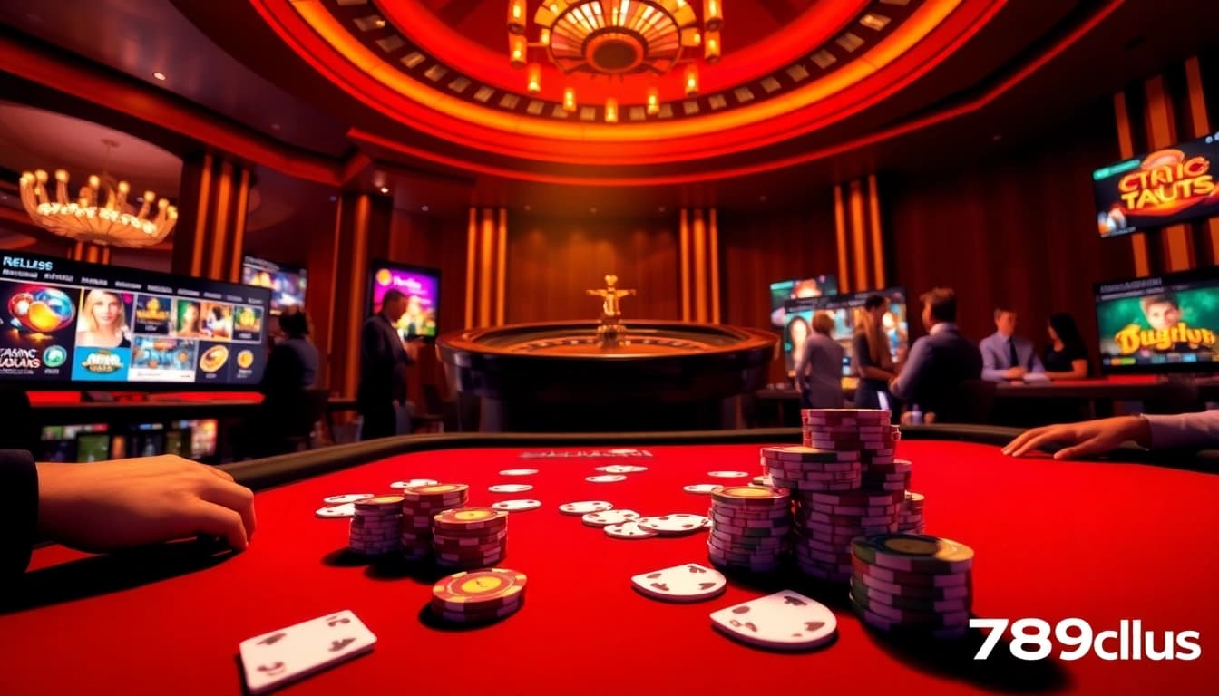 Experience the thrilling atmosphere of 789club with luxurious casino elements like chips and a roulette wheel.
