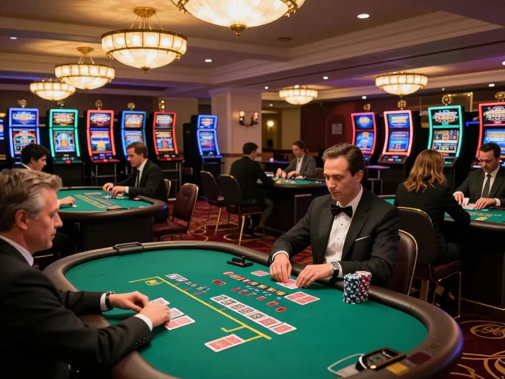 Players engaging in strategic gameplay at a sunwin blackjack table in an upscale casino, showcasing lively atmosphere and professional dealers.
