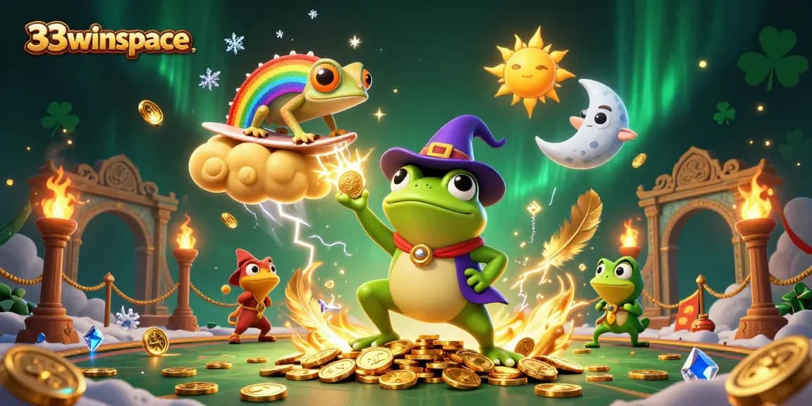 Engage with 33winspace as a whimsical wizard frog unleashes a shower of golden coins in a vibrant casino scene.