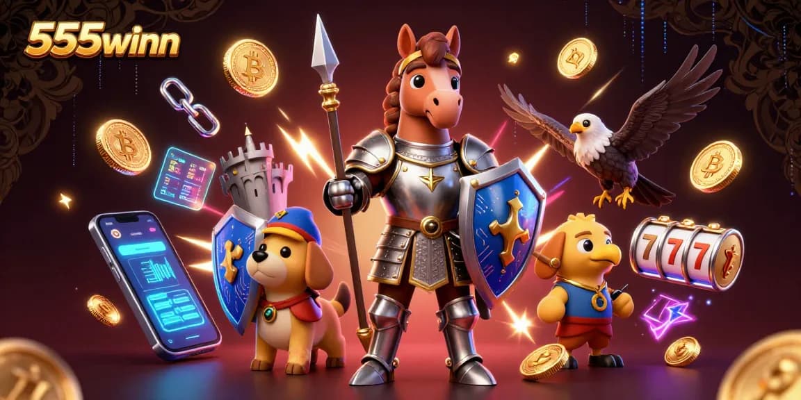 Experience exciting gameplay at 555winn with medieval characters and vibrant crypto elements.