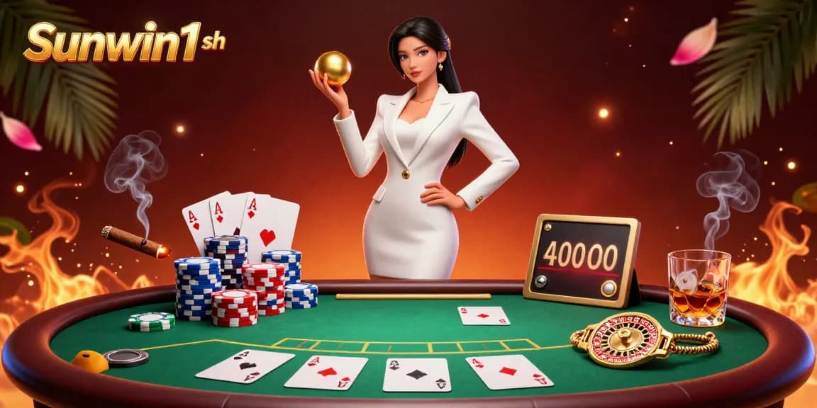 Engage in thrilling action at Sunwin1 sh with a stunning illustration of a confident woman holding a golden roulette ball amidst vibrant casino elements.