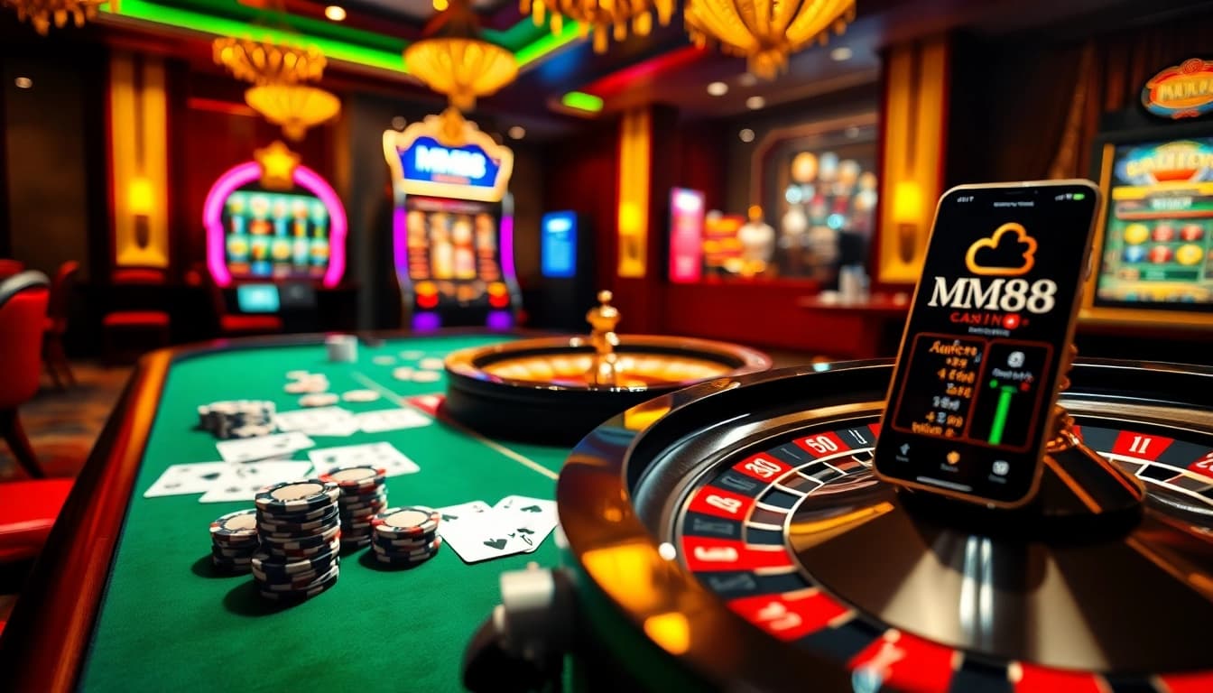 Experience thrilling gameplay at MM88 casino with vibrant gambling tables and dynamic slot machines.