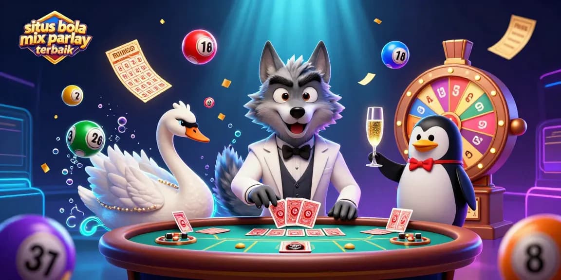Situs bola mix parlay terbaik features a debonair wolf, an elegant swan, and a penguin sommelier amidst vibrant casino elements.