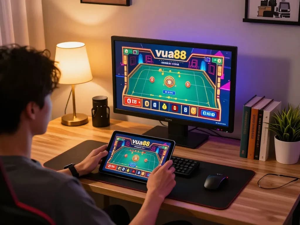 Engaging gameplay on casino vua88 platform, showcasing live dealer excitement in home gaming setup.