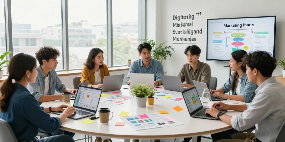 Team brainstormt innovative Online-Marketing-Strategien in einem modernen Arbeitsplatz.