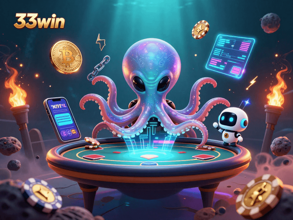 Engage with 33win's exciting gaming scene featuring a cosmic octopus and robotic companion playing poker.