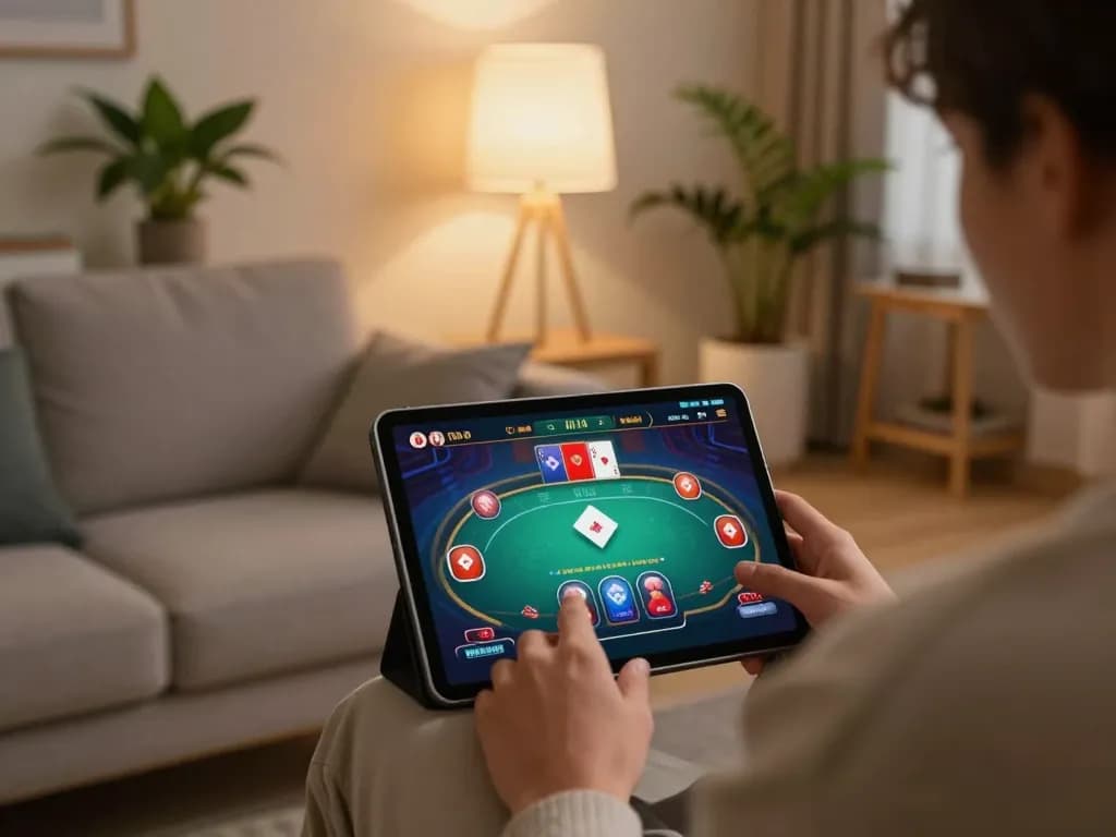 Player enjoying 33win online poker game on tablet in a cozy living room, highlighting strategy and comfort