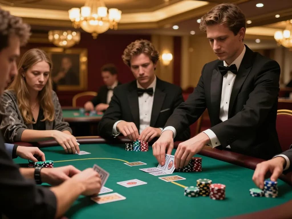 Engaged players at SC88 Com live dealer poker table in a luxurious casino setting.