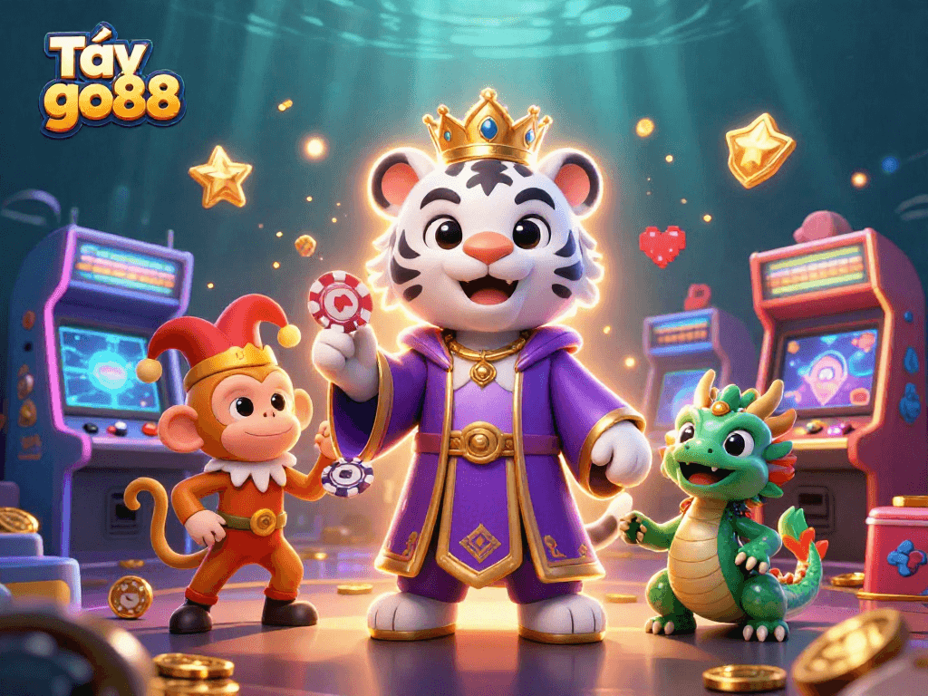 Experience the thrill of gaming as you tải go88 with a whimsical scene featuring vibrant characters and casino elements.
