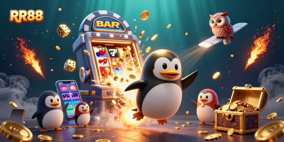 Experience thrilling gaming adventures at RR88 with a golden penguin blasting through a dynamic casino universe.