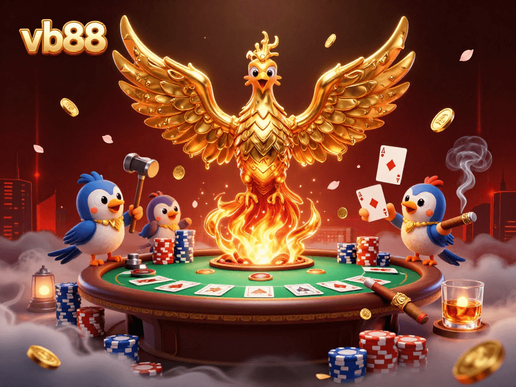 Experience the thrill of vb88 with a golden phoenix and poker excitement lighting up the scene.