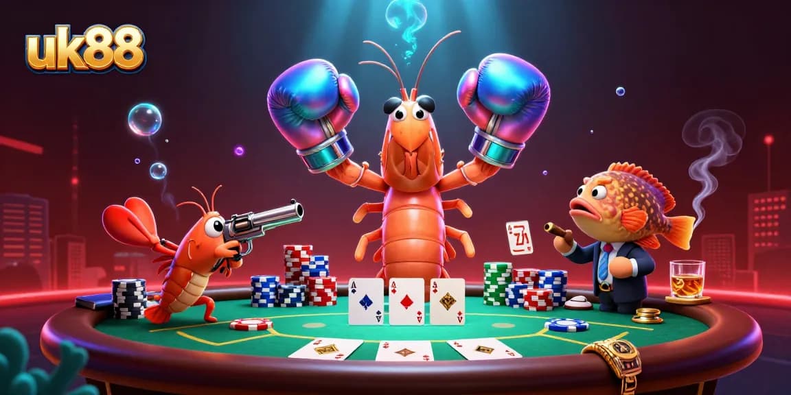 Engage in thrilling uk88 casino action with lively shrimp characters at a vibrant poker table.