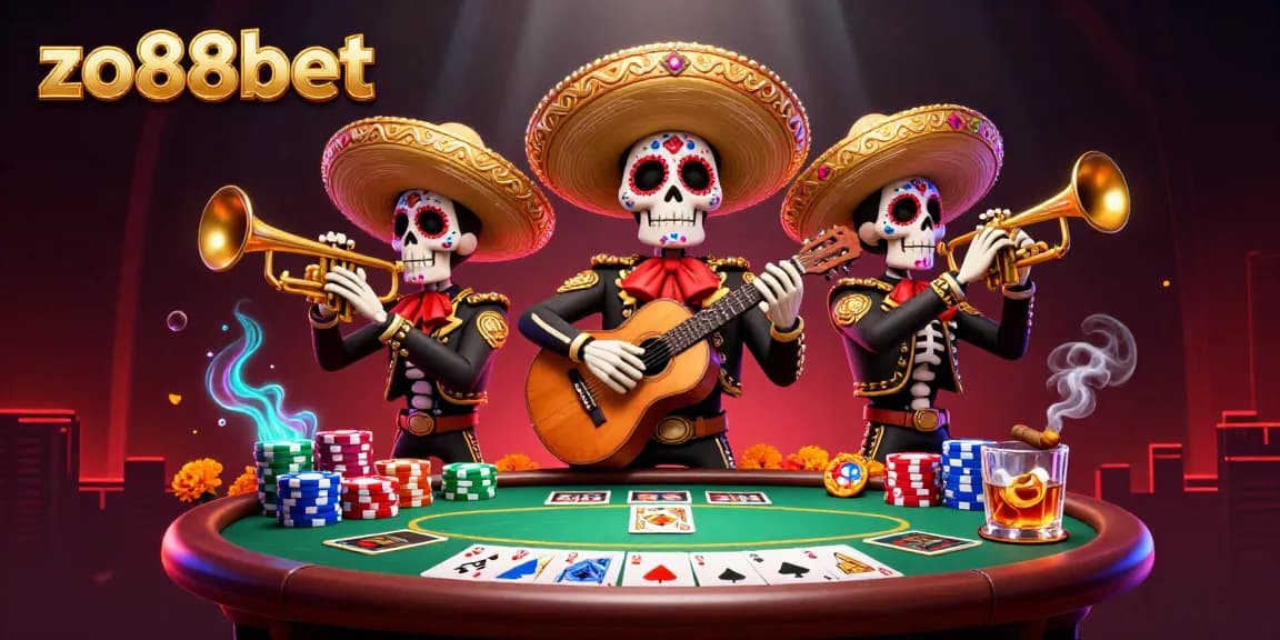 Engage in exciting gameplay at zo88bet with vibrant mariachi characters celebrating at a poker table.