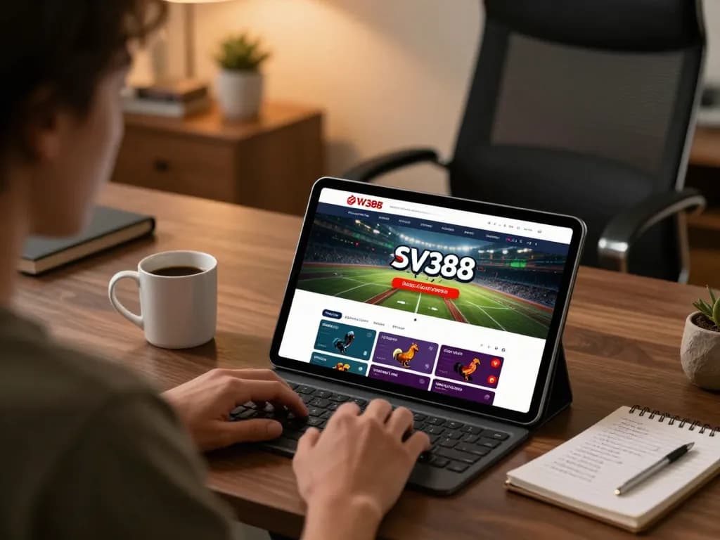 SV388 betting interface shown on a tablet, person engaging in live cockfighting betting from home.