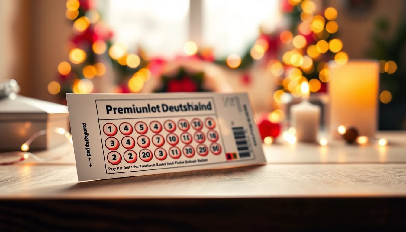 Premiumlotto Deutschland Gewinnschein auf einem Tisch mit Feiertagsdekor.