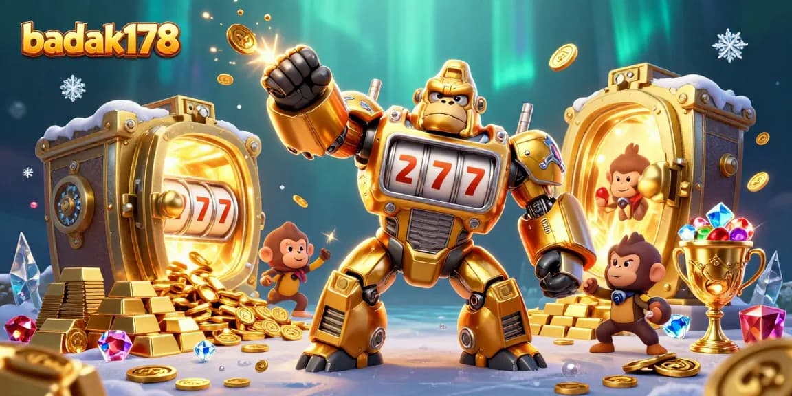 Engage with badak178’s games through an exciting visual of a transformer-style gorilla mech and casino treasures.