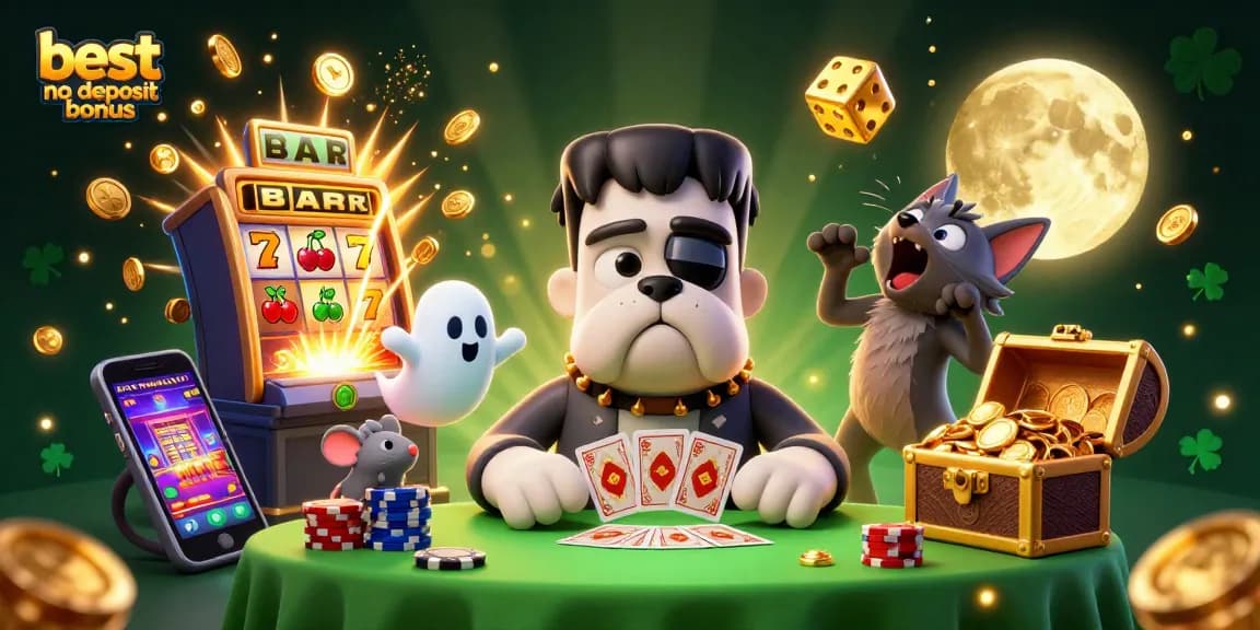 Experience the best no deposit bonus at a lively casino scene with a magical bulldog dealer and festive elements.