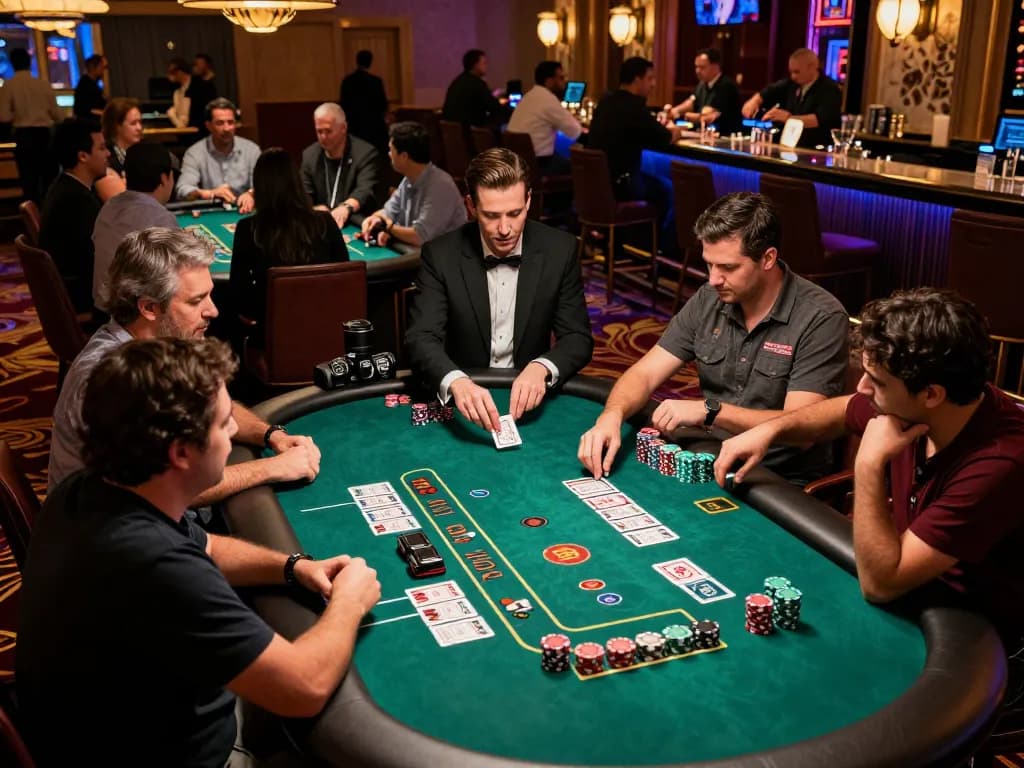 CM88 blackjack players strategizing at a vibrant casino table during an exciting game.