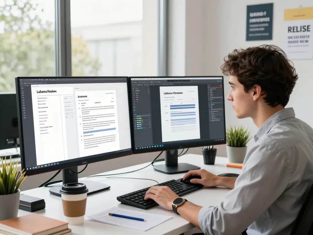 Erstellung professioneller Lebenslauf Vorlagen in einem modernen Büro mit Doppelmonitoren und motivierender Dekoration.