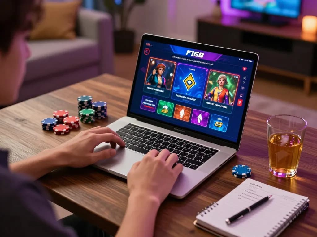 Engaging with LINK VÀO F168 on an online gaming setup, showcasing colorful game interfaces and a cozy atmosphere.