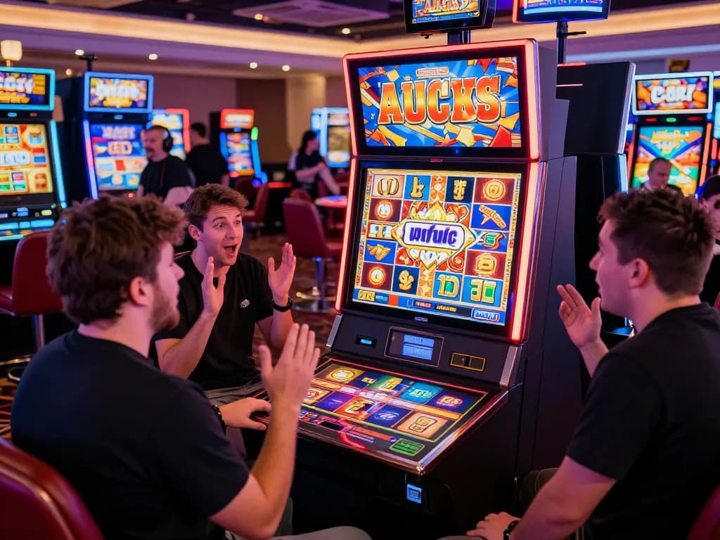 Players enjoying the Lucky 88 slot machine at a vibrant casino with dynamic lighting and excitement