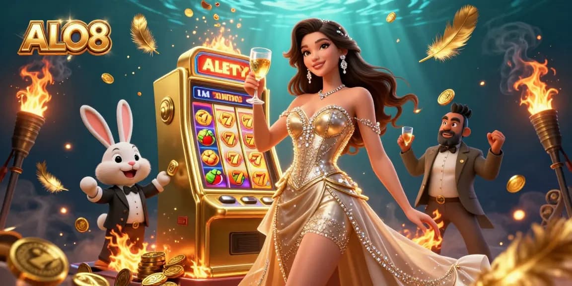 Engage with ALO8's thrilling gaming experience featuring a glamorous casino scene with vibrant details.