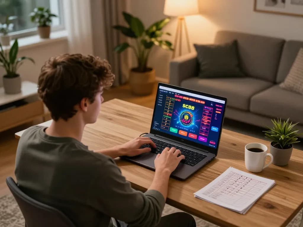 Player immerses in SC88 online gambling, analyzing bets with laptop on a home office desk