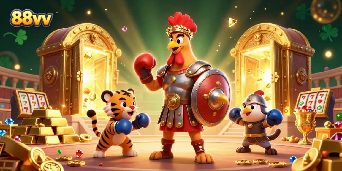 Experience thrilling action with 88vv as a gladiator rooster and tiger cub enrich the online gambling arena.
