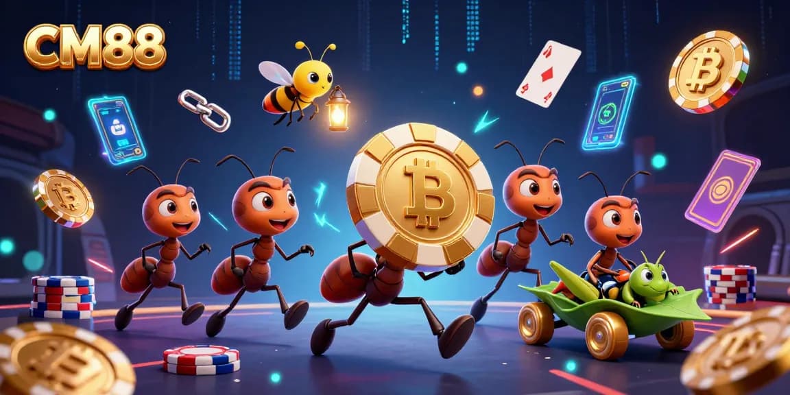 Experience the excitement of CM88 with playful ants carrying a giant poker chip amidst vibrant casino elements.