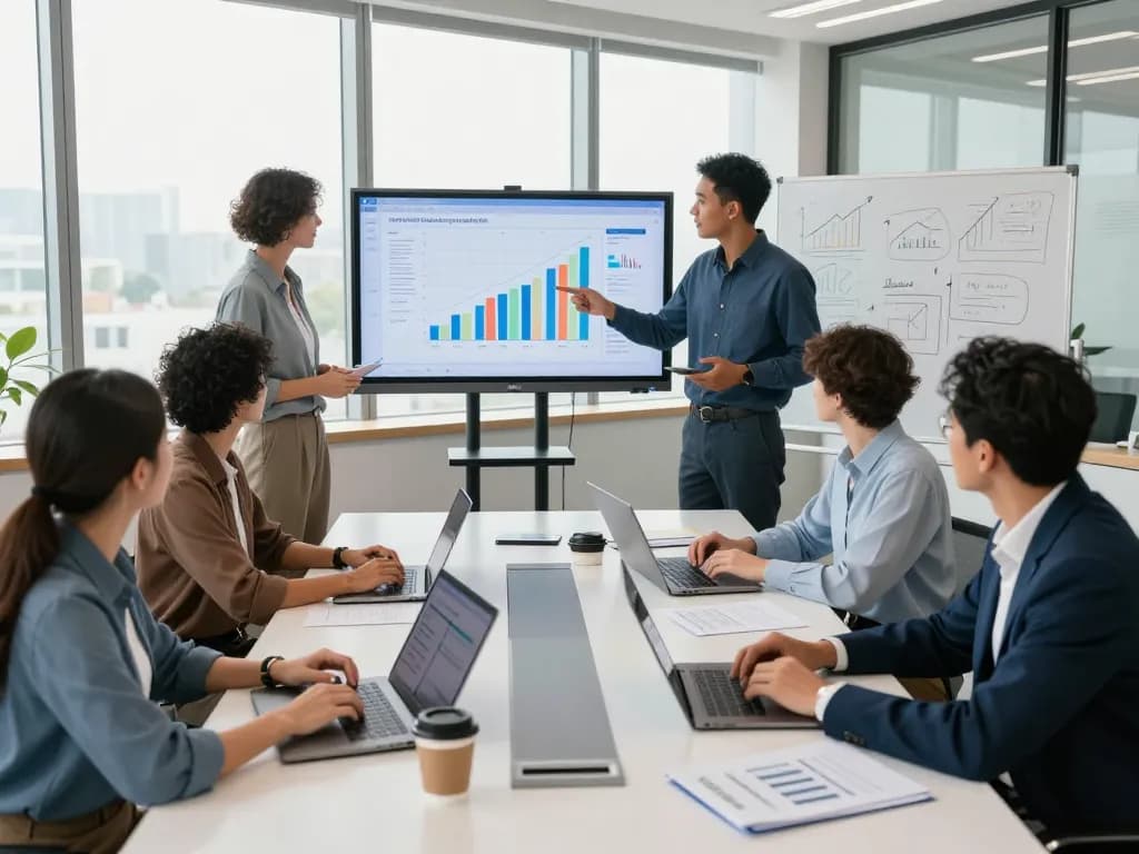 Dynamic business meeting showing professionals discussing sumwin strategies in modern office.